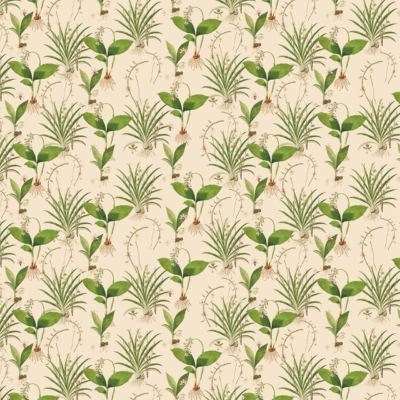 Wallpaper: Seamless pattern, green leafy plants, ferns, light beige background. Plants are evenly spaced and oriented in various directions. Visually pleasing, natural repeat design.