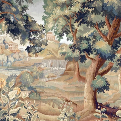A detailed tapestry wallpaper depicts a lush, forested landscape with large trees in the foreground and middle ground, and a small waterfall feeding into a river. The colors include deep greens for foliage, rich browns for tree trunks, and various blues for water elements. In the background, classical buildings are highlighted against a cloudy sky using pale grays and whites.