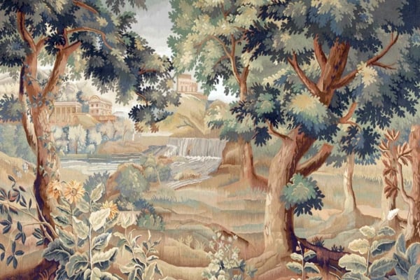 A detailed tapestry wallpaper depicts a lush, forested landscape with large trees in the foreground and middle ground, and a small waterfall feeding into a river. The colors include deep greens for foliage, rich browns for tree trunks, and various blues for water elements. In the background, classical buildings are highlighted against a cloudy sky using pale grays and whites.