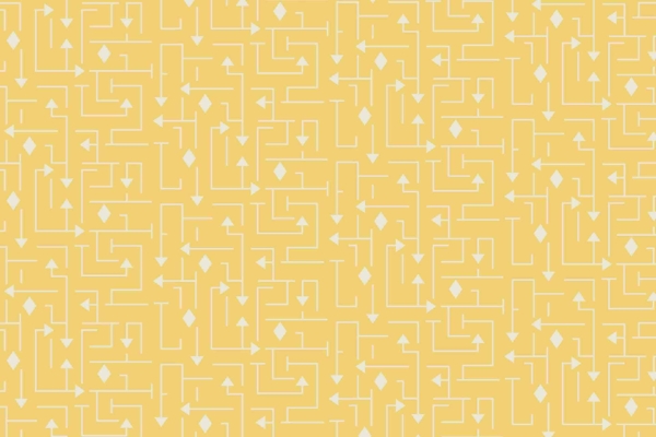 Yellow seamless pattern, geometric maze-like design, interconnected white arrows, rhombuses, intricate pathways of guidance, dynamic visual effect, compelling grid.