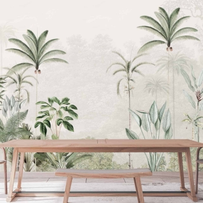 The wallpaper features a mural of tropical plants and palm trees, showcasing elements like leafy fronds and trunks. The color palette includes muted greens and browns, creating a serene, nature-inspired aesthetic.