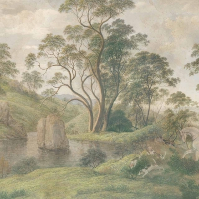Scenic landscape wallpaper featuring a hunter in a red coat on a white horse, accompanied by dogs. Lush green background with tall trees and tranquil river. Prominent large rock framed by surrounding foliage.