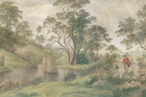 Scenic landscape wallpaper featuring a hunter in a red coat on a white horse, accompanied by dogs. Lush green background with tall trees and tranquil river. Prominent large rock framed by surrounding foliage.