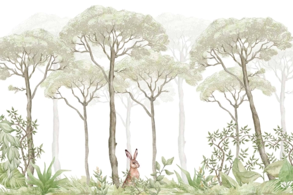 The wallpaper "The Peaceful Place" showcases tall, soft green trees and a small rabbit in the foreground surrounded by leafy plants and grass. The colors are soft and muted, creating a harmonious atmosphere with the rabbit gazing forward, adding charm to this tranquil scene. Keywords: soft green trees, small rabbit, leafy plants, grass, muted colors.