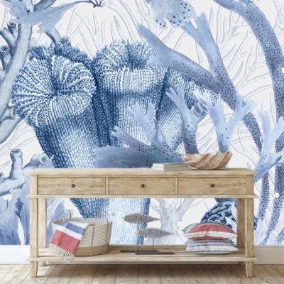 Blue and white coral reef mural, text 