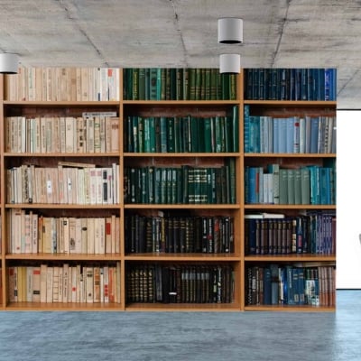 The wallpaper features a library room with a large wall-to-wall bookshelf filled with neatly arranged books. The books are sorted by color: red, beige, green, blue, and black. The room includes elements like a concrete ceiling and white cylindrical light fixtures. A sleek conference table with chairs is also visible in the design.