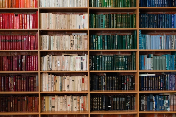 A library bookshelf background featuring a gradient of color-organized books. The transition starts with red books on the left, moving through beige and green shades, and concludes with blue and black books on the right. This wallpaper emphasizes elements such as the vibrant mix of book spines, creating a colorful spectrum.