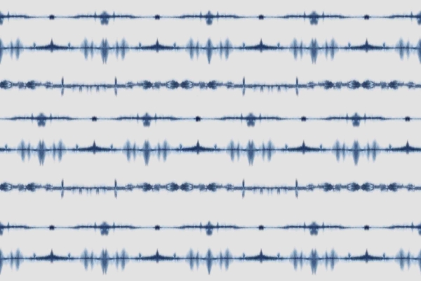 Repeating pattern of blue horizontal stripes on a white background, resembling sound waves or an electrocardiogram. Stripes vary in thickness and intensity, creating a visually dynamic and rhythmic design with a subtle tie-dye effect. Elements: blue stripes, varying thickness, varying intensity, rhythmic design, tie-dye effect. Colors: blue, white.