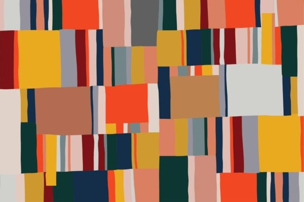 The wallpaper showcases an abstract artwork with an eclectic patchwork of vertical and horizontal rectangular blocks. Vibrant colors such as red, orange, yellow, green, blue, beige, and brown dominate the design. The blocks are unevenly arranged, creating a dynamic pattern that evokes a sense of time unspent. This distinctive arrangement captures attention and imbues any space with a lively yet contemplative atmosphere.