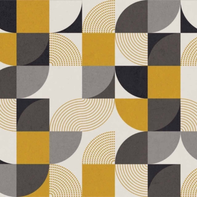 Abstract geometric wallpaper featuring alternating shapes and colors: squares, circles, and arcs. Palette includes mustard yellow, grey, black, and white. Various dotted and linear textures create a visually dynamic composition that feels trademarked.