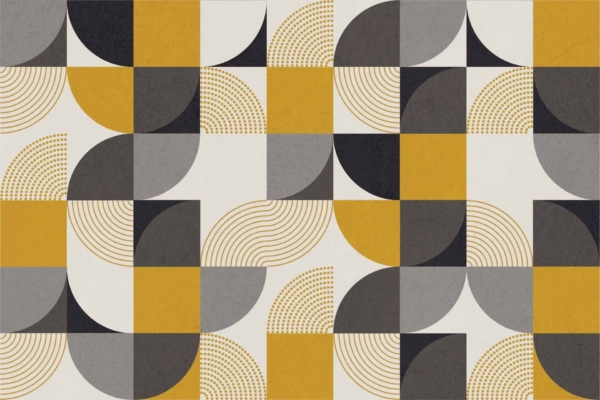 Abstract geometric wallpaper featuring alternating shapes and colors: squares, circles, and arcs. Palette includes mustard yellow, grey, black, and white. Various dotted and linear textures create a visually dynamic composition that feels trademarked.