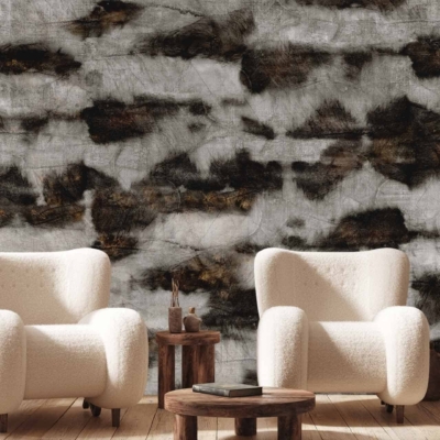 The wallpaper is textured and features an abstract black and white design. The elements include bold, irregular shapes and patterns, creating a dynamic visual effect. The contrast between the black and white tones adds depth and interest to the space.