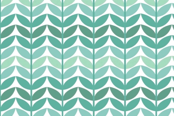 Seamless repeating geometric pattern, stylized leaf shapes, shades of green and teal, vertical rows, chevron-like arrangement, white background, elegant trellis design.