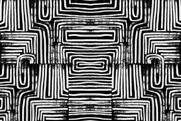 A black and white wallpaper featuring interlocking, concentric rectangles with varying line thickness. The design creates an intricate, maze-like visual effect. Reminiscent of tribal dance movements. Black and white geometric pattern, concentric rectangles, thick and thin lines, intricate maze-like.