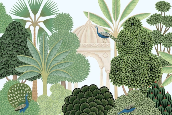 Illustration of a lush Udaipur garden wallpaper featuring verdant green trees and shrubs. Two peacocks are the main focus: one stands elegantly atop a tree while the other perches below, showcasing its vibrant fanned tail feathers in stunning blues, greens, and golds. A white ornamental arch emerges partially among the dense foliage, adding an element of architecture to the natural beauty. The rich color palette includes deep greens, bright blues, shimmering golds, and pristine white accents against a backdrop that emphasizes serenity and exotic charm.