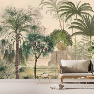 A stylish living room features a large, detailed mural wallpaper showcasing an array of tropical plants and trees. The design includes vivid green palm fronds, lush ferns, exotic flora with hues of deep emerald and jade, and intricate tree trunks in rich browns. Splashes of vibrant tropical flowers in colors such as bold reds, striking oranges, and soft pinks enhance the lush jungle scene. The mural evokes the untamed beauty of uncharted territories with its captivating organic elements and varied shades echoing nature's bounty.