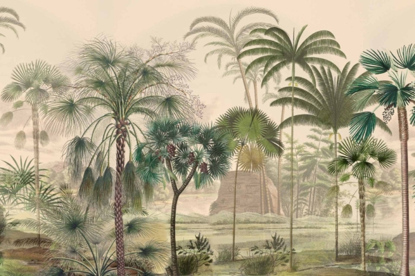 A vintage wallpaper illustration of a lush, uncharted tropical jungle featuring various types of palm trees and dense vegetation. The background showcases misty, distant hills, adding depth and mystery. The overall tone is soft and muted with greens, browns, and hints of blue.