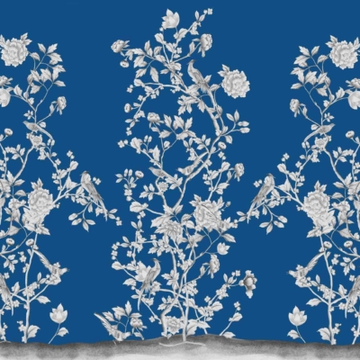 Intricate wallpaper pattern features white, delicate floral vines and birds on branches against a deep blue background. Detailed shading on flowers and leaves creates a timeless, classic design reminiscent of Château de Versailles décor.