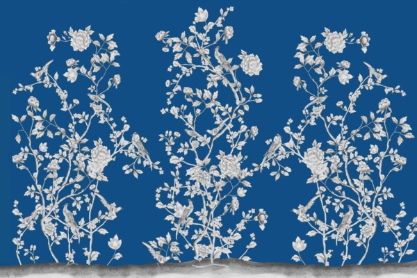 Intricate wallpaper pattern features white, delicate floral vines and birds on branches against a deep blue background. Detailed shading on flowers and leaves creates a timeless, classic design reminiscent of Château de Versailles décor.