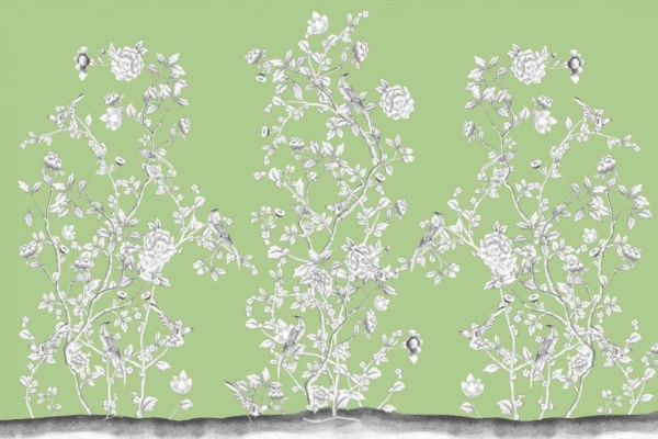 Light green wallpaper with a delicate white floral and bird pattern. Features detailed flowers, leaves, and birds in a symmetrical, vertical arrangement. Inspired by the elegant style of the Palace of Versailles.
