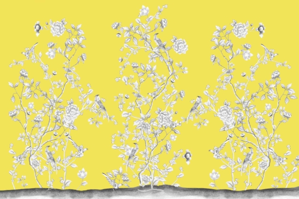 A detailed black and white floral pattern featuring birds and roses is displayed against a bright yellow background. The design includes several identical vertical columns of intricately drawn flowers, leaves, and birds rooted in textured soil. This ornate design is reminiscent of the elaborate patterns found in the Palace of Versailles.