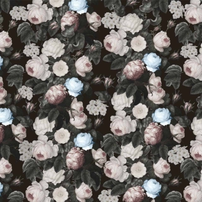 A seamless Victorian floral wallpaper pattern. Features: roses in pale pink, cream, light blue hues; dark background; green leaves; evenly repeating design.