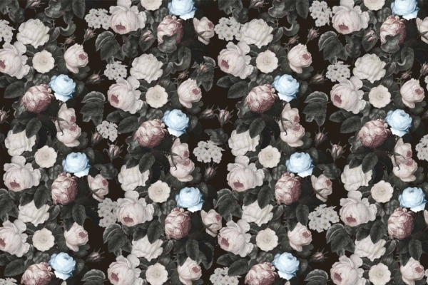 A seamless Victorian floral wallpaper pattern. Features: roses in pale pink, cream, light blue hues; dark background; green leaves; evenly repeating design.