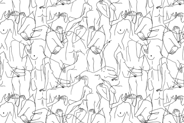 A detailed abstract line drawing wallpaper featuring multiple intertwined virgin bodies in diverse poses, sketched with thin black lines on a white background. The complex overlapping pattern showcases figures holding their heads, embracing, and in relaxed postures. Dominant elements include intricate black linework and negative space created by the white background, resulting in a visually engaging and minimalist design.
