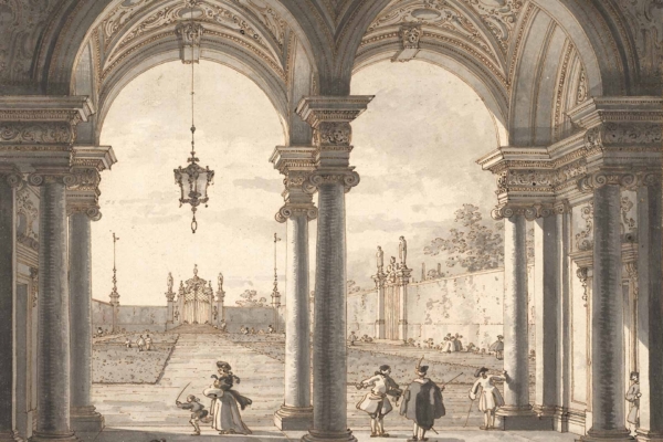 The wallpaper features detailed illustrations of people beneath grand arches, adorned with ornate designs. The scene showcases a spacious courtyard garden, statues, and a distant gate. Individuals are depicted conversing and strolling. Dominant colors include soft pastels for the arches, lush greens for the garden, and muted earth tones for the pathways and statues. Key elements: grand arches, ornate designs, courtyard garden, statues, distant gate, conversing individuals.