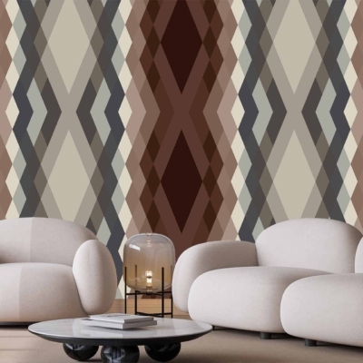 The wallpaper features a geometric, multicolored diamond pattern in earthy tones. Colors include muted greens, browns, tans, and soft whites. The design has a retro yet contemporary feel, with uneven shapes that create visual interest and depth. Elements: diamond patterns, geometric shapes, earthy tones.