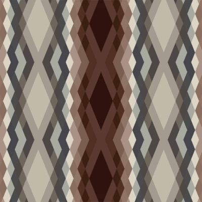 Geometric design with repeating diamond shapes in shades of brown, beige, gray, and black. Features interlocking and symmetrical motifs. Central vertical brown diamond stripe. Intricate and modern pattern reminiscent of 