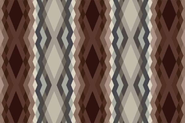 Geometric design with repeating diamond shapes in shades of brown, beige, gray, and black. Features interlocking and symmetrical motifs. Central vertical brown diamond stripe. Intricate and modern pattern reminiscent of "Where to From Here?