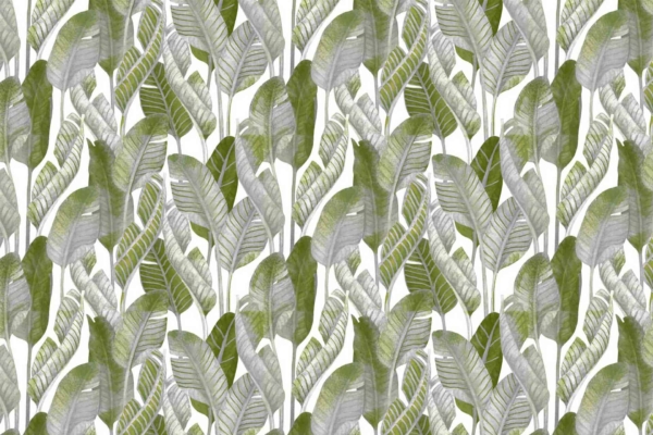 A vibrant wallpaper pattern featuring a dense arrangement of green and gray leafy plant illustrations. The design showcases leaves with varying shades of green and gray, offering diverse textures that overlap to create a rich, jungle-like appearance. The light background enhances the contrast, making the intricate details of the foliage pop—a true representation of Wild Times design. Elements: green leaves, gray leaves, jungle texture, layered foliage, light background. Colors: various greens, various grays.