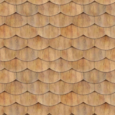 A detailed pattern of wooden roof shingles with overlapping rows. Each shingle has a wing-like shape and curved, scallop-like edges. The wood showcases varying shades of brown, emphasizing natural grain and texture differences.