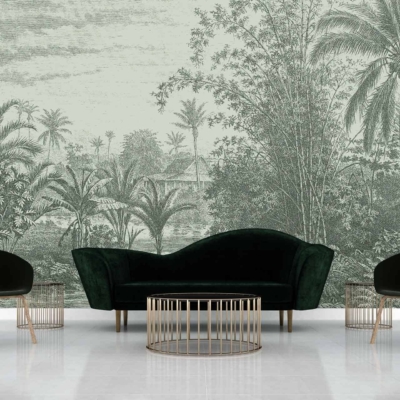 Wallpaper features: detailed bygone tropical landscape, palm trees, huts, elegant and nature-inspired design, sage tones.
