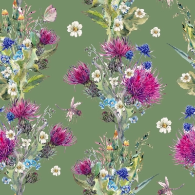 Pattern: Seamless  
Elements: Clusters of thistles, blue cornflowers, white daisies, various green foliage  
Background: Muted green  
Details: Delicate illustrations of butterflies and bees woven throughout floral arrangement  
Colors: Vibrant purple (thistles), bright blue (cornflowers), pristine white (daisies), multiple shades of green (foliage)