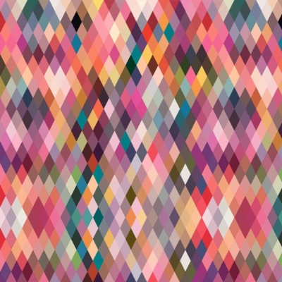 A vibrant geometric wallpaper with interlocking diamonds in shades of red, blue, green, yellow, orange, pink, and white. The pattern is seamless and repetitive, creating dynamic energy and a visually engaging design.