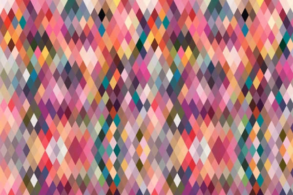 A vibrant geometric wallpaper with interlocking diamonds in shades of red, blue, green, yellow, orange, pink, and white. The pattern is seamless and repetitive, creating dynamic energy and a visually engaging design.