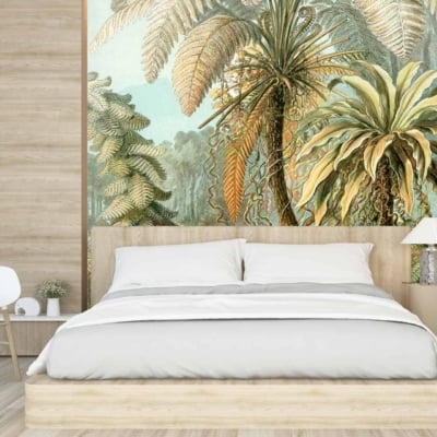 The wallpaper is a large, tropical-themed mural with lush green plants. Key elements include vibrant tropical foliage and abundant greenery. The colors found in the wallpaper are shades of green from the leaves and hints of other natural hues to enhance the lush theme.