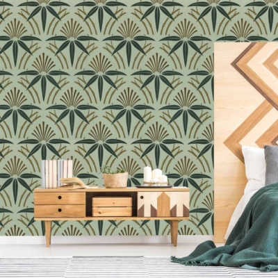 Green and beige patterned wallpaper, stylized palm leaves.