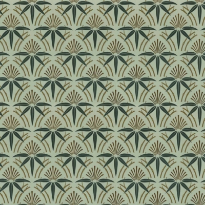 Wallpaper features a repeating geometric pattern with symmetrical designs of green and brown shapes resembling stylized palm trees and fan-like elements. The muted light green background enhances the retro aesthetic inspired by the Academy of Design.