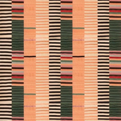 Vertical stripes in diverse colors and widths with light peach alternating sections. Multi-colored horizontal lines incorporate green, pink, red, black, and beige hues for a vibrant and dynamic wallpaper design. Elements: vertical stripes, light peach background, multi-colored horizontal lines. Colors: green, pink, red, black, beige.