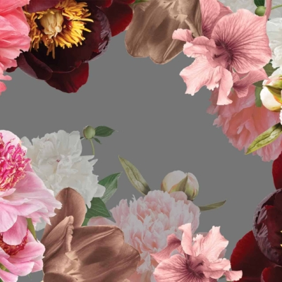 Vibrant wallpaper with a floral border featuring peonies and hibiscus flowers in shades of pink, red, white, and brown. Grey background. Lush petals and varied colors create an ornate frame reminiscent of Alice's Garden.