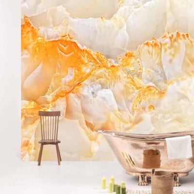 The wallpaper is an onyx-like mural featuring intricate patterns with hues of white, yellow, and amber stone colors.