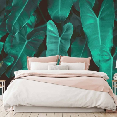 The wallpaper features a striking pattern of large, dark green tropical leaves reminiscent of nature-inspired Python data visualizations. The elements in the mural capture the lush, vivid shades typically found in dense rainforests.