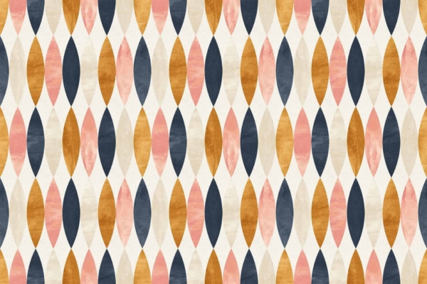 Seamless pattern with elongated oval shapes in alternating colors: navy blue, mustard yellow, pink, and white. Ovals are evenly spaced, forming a repetitive geometric design on a light background.
