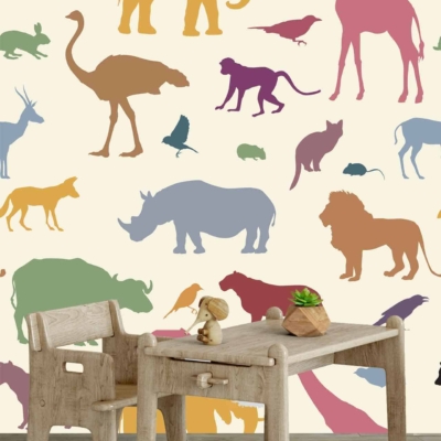 Colorful animal silhouette wallpaper features elephants, giraffes, rhinos, and birds. Bright hues include blue, green, yellow, red, orange. Playful and vibrant design ideal for children's rooms.