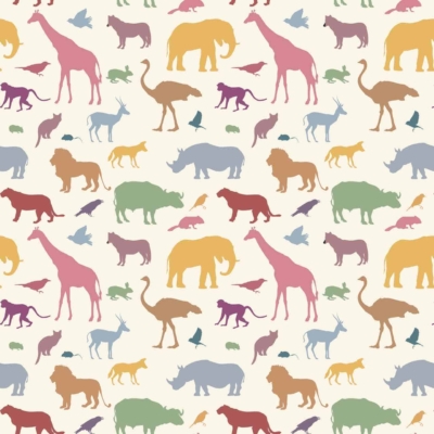 A seamless pattern showcasing colorful animal silhouettes on a light background, featuring elephants, giraffes, lions, hippos, ostriches, birds, and monkeys. The animals are depicted in vibrant hues including pink, green, orange, yellow, and blue.