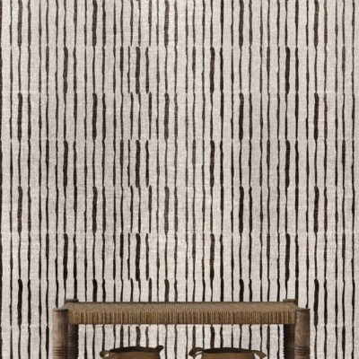 Vertical striped, textured wallpaper in beige and dark brown.