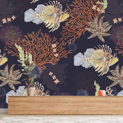 Vibrant underwater-themed wallpaper, lionfish, corals, sea plants, various colors. Reminiscent of Ariel's world.